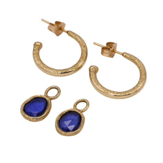 Sapphire Dewdrop Earrings — textured hoops and detachable sapphire drops shown separately.