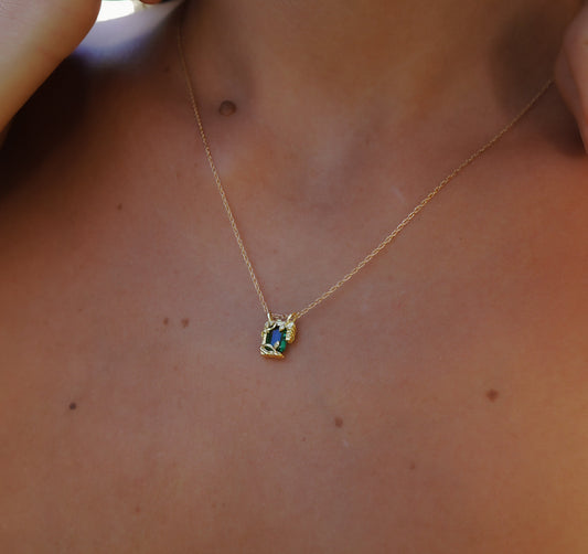 Tourmaline Chamber Pendant — pendant worn on a fine chain at the neckline.