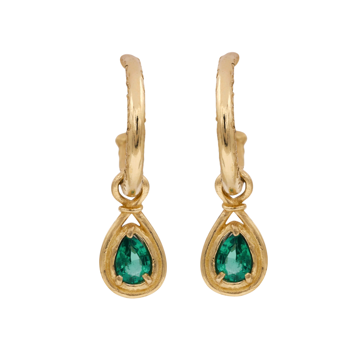 Emerald Teardrop Earrings — Each yellow-gold drop earring suspends a prong-set pear emerald inside an open teardrop frame.