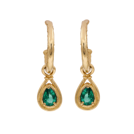 Emerald Teardrop Earrings — Each yellow-gold drop earring suspends a prong-set pear emerald inside an open teardrop frame.
