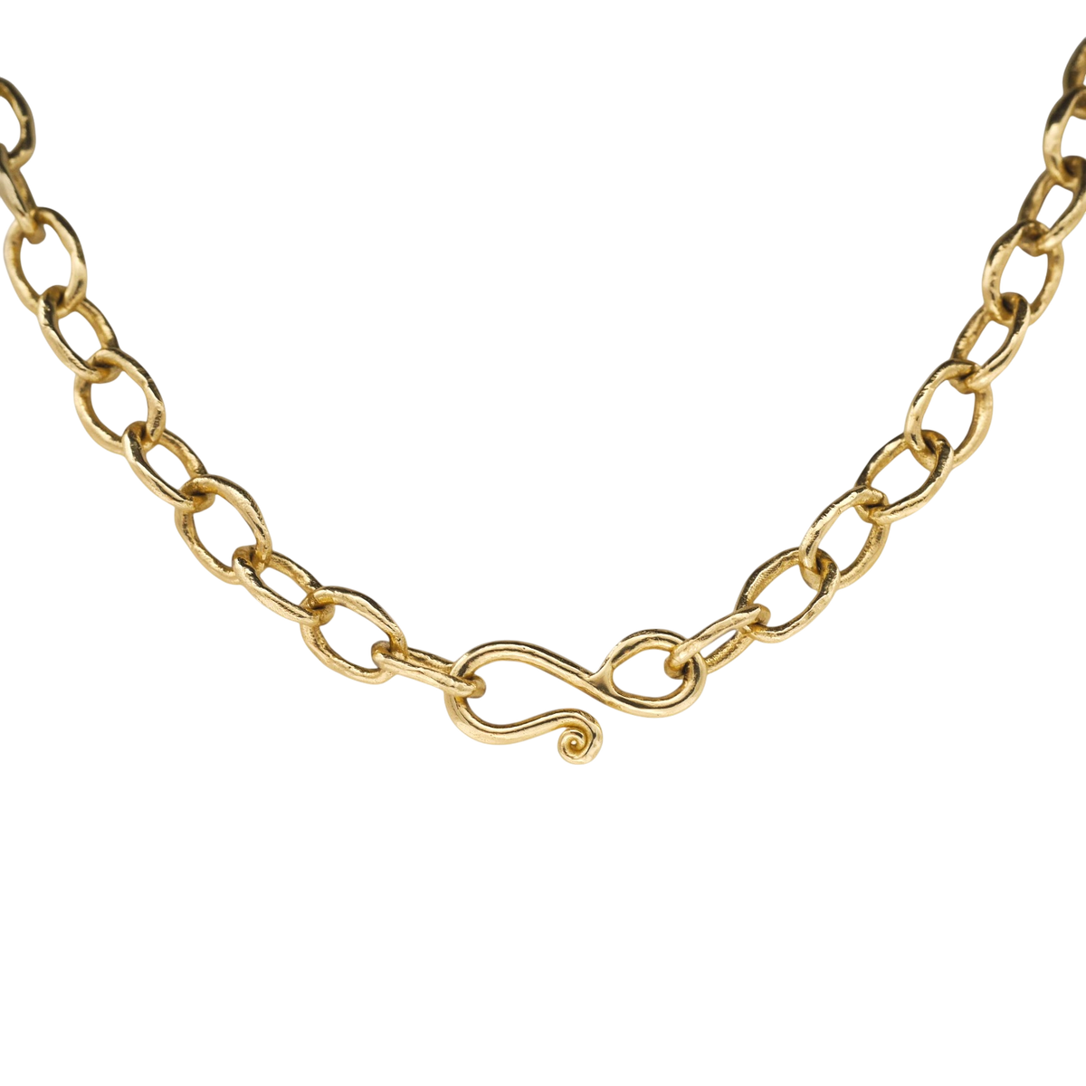 Gold Chain — An irregular yellow-gold chain alternates open oval links and closes with a scrolling hook.