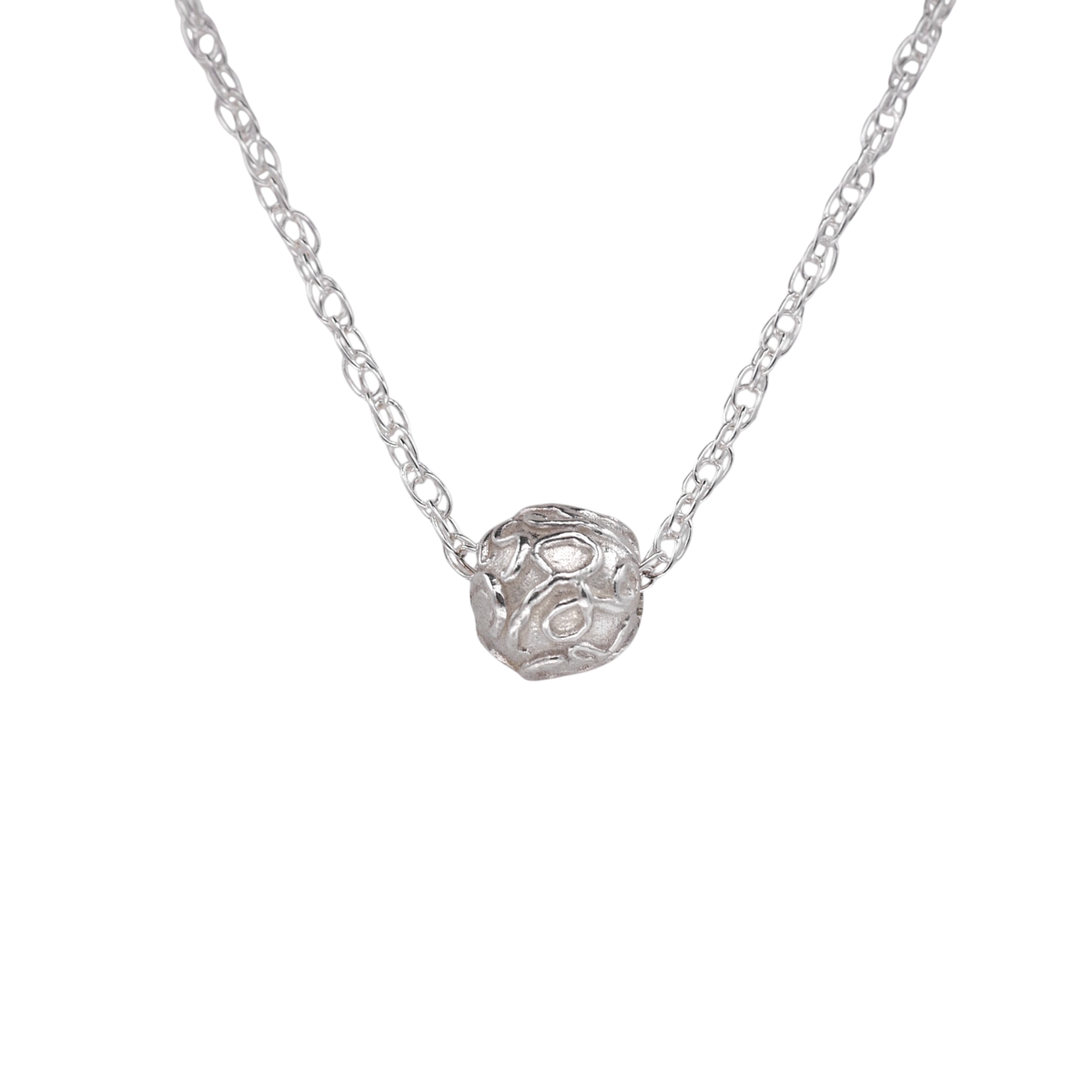 Circular Thoughts Silver — A sterling-silver oval pendant with raised scrolling relief is joined to an irregular open-link chain.