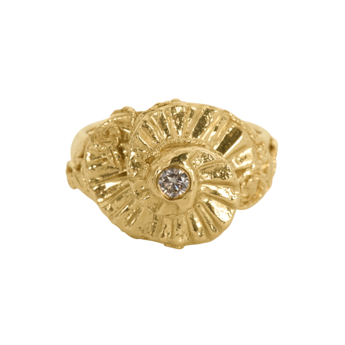 Diamond Ascent Ring — A yellow-gold-colored statement ring holds one round diamond within a high-relief, petal-like sculptural form.