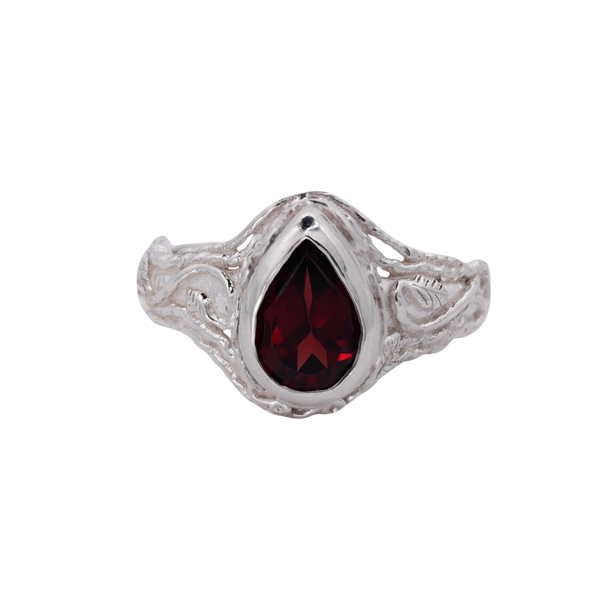Entangled Ring Silver — A deep-red pear garnet is bezel-set within an open sterling-silver ring of intertwined leaves and vines.