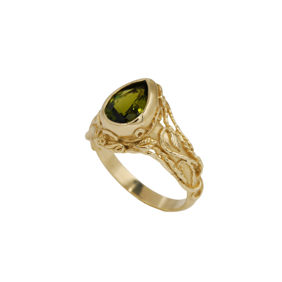 Entangled Ring — three-quarter profile showing the raised bezel and open vine band.