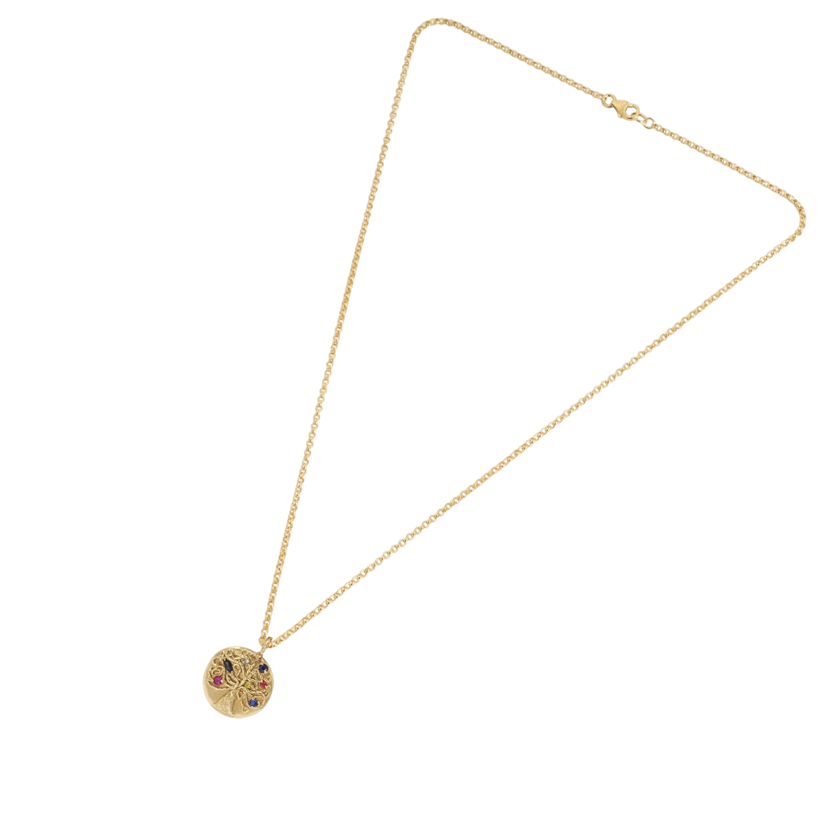 Fruiting Tree Pendant — pendant and fine chain laid flat.