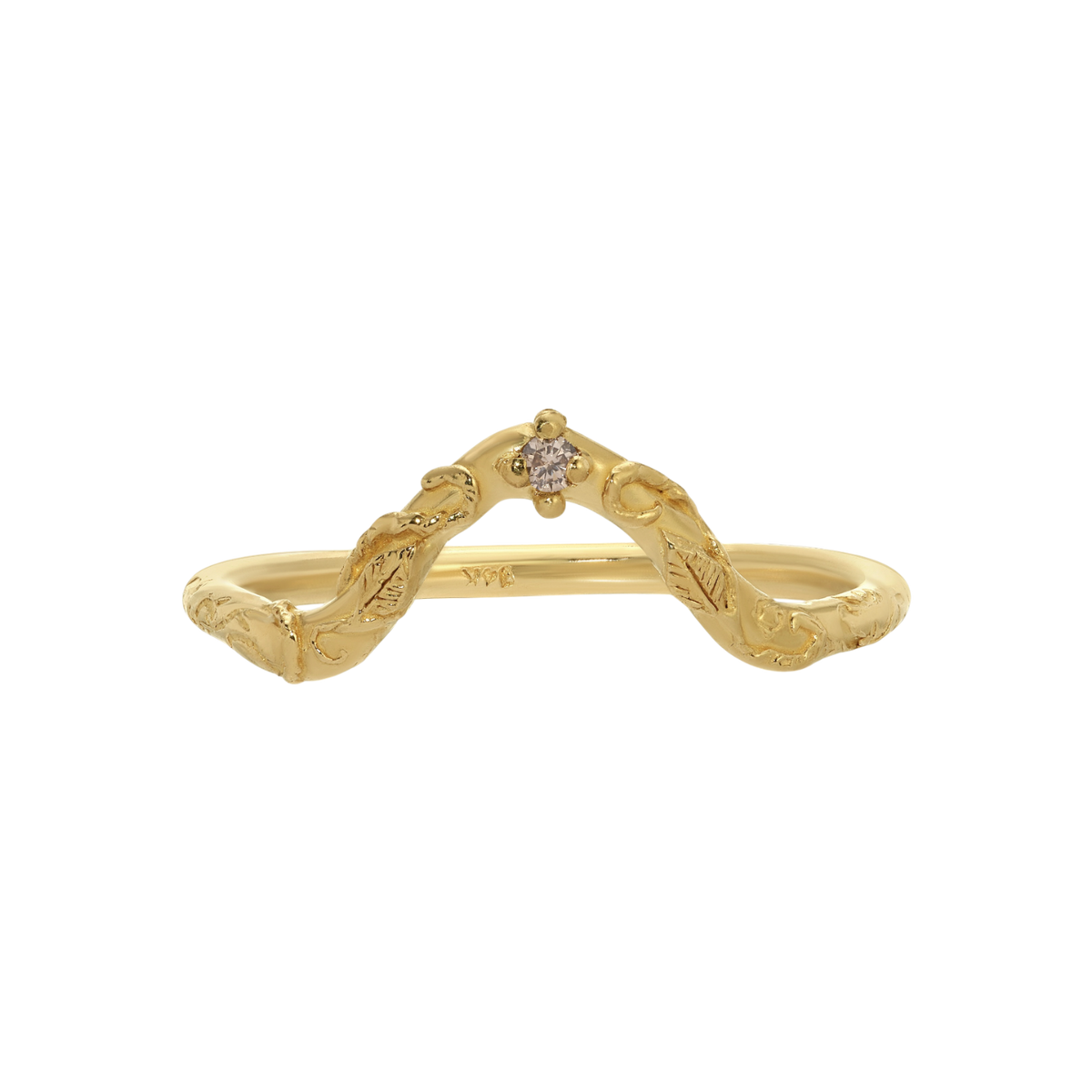 Daphnis Wedding Band — A curved yellow-gold-colored band traces a leafy vine around one small prong-set colorless round stone.