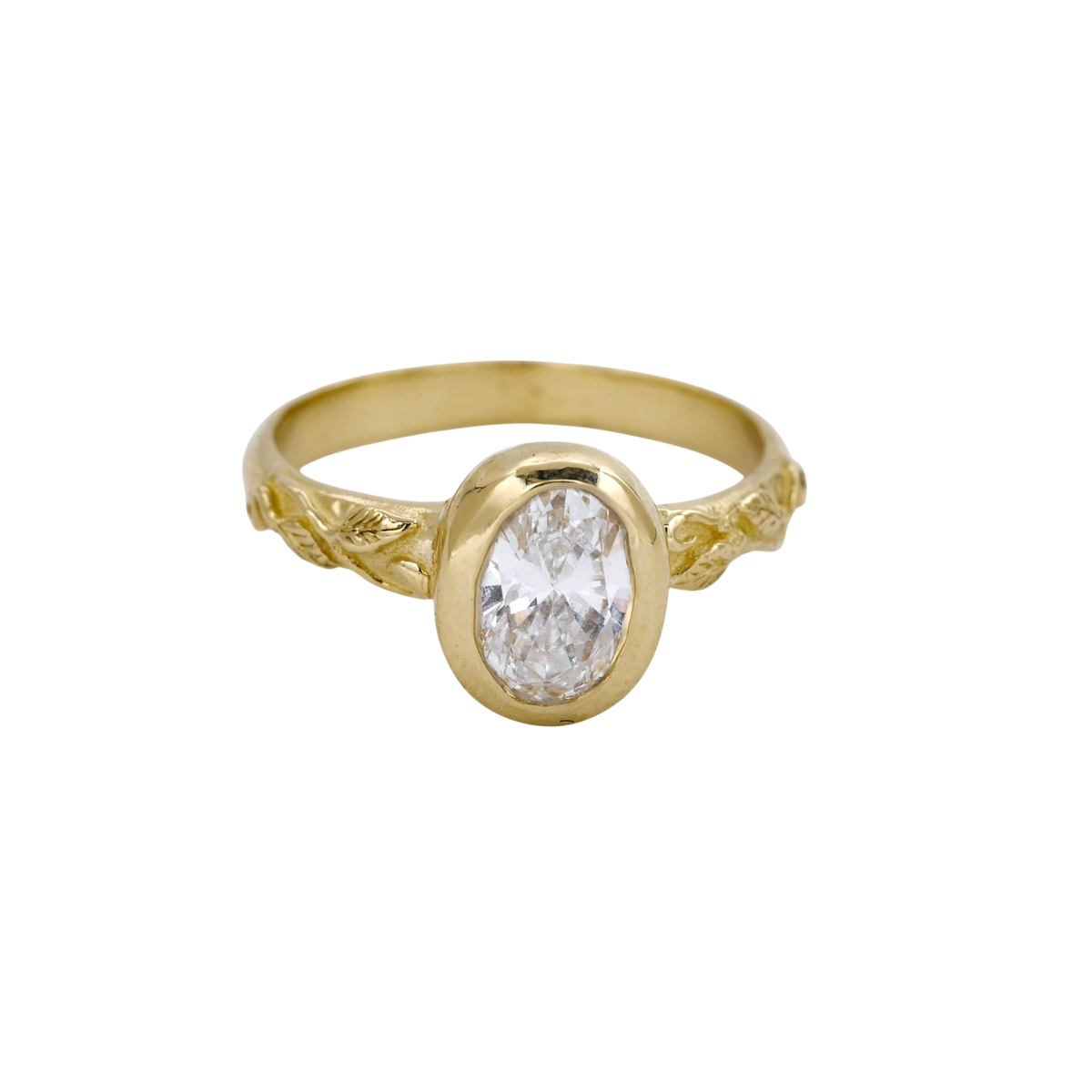 Interlaced Diamond Ring — three-quarter view of the bezel and vine-textured band.