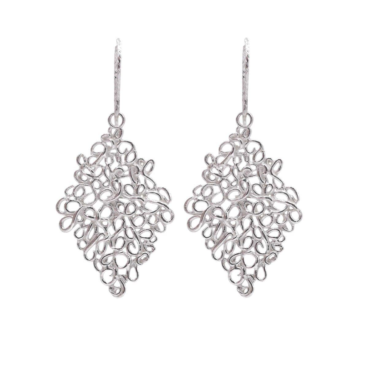 Lace Earrings Silver — Sterling-silver ear wires suspend elongated openwork drops built from dense looping filigree.