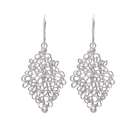Lace Earrings Silver — Sterling-silver ear wires suspend elongated openwork drops built from dense looping filigree.