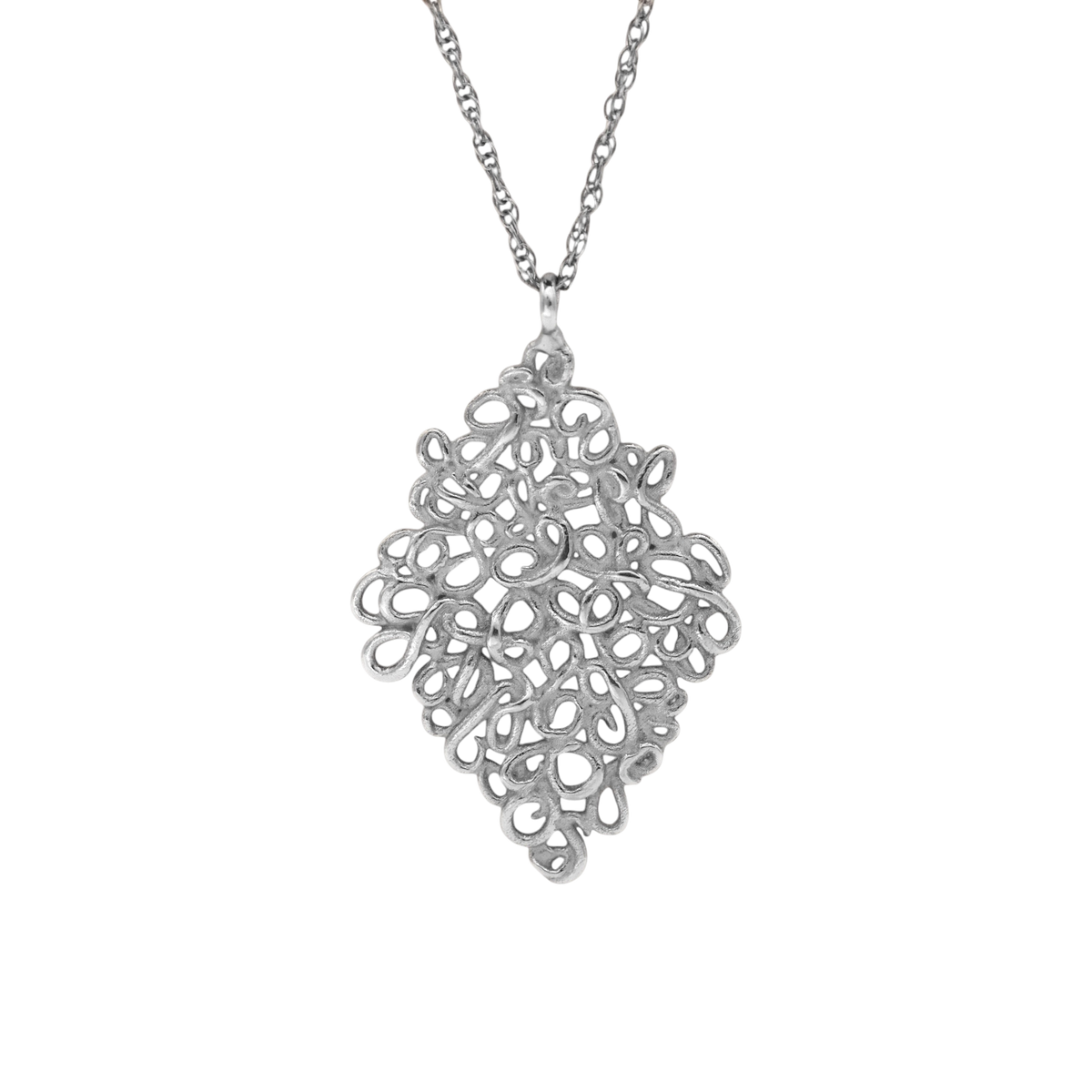 Lace Pendant Silver — An elongated sterling-silver pendant composed of irregular open loops hangs from a fine textured chain.