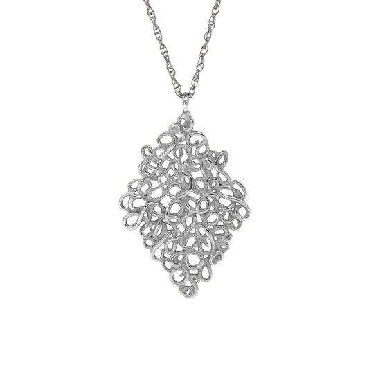 Lace Pendant Silver — An elongated sterling-silver pendant composed of irregular open loops hangs from a fine textured chain.