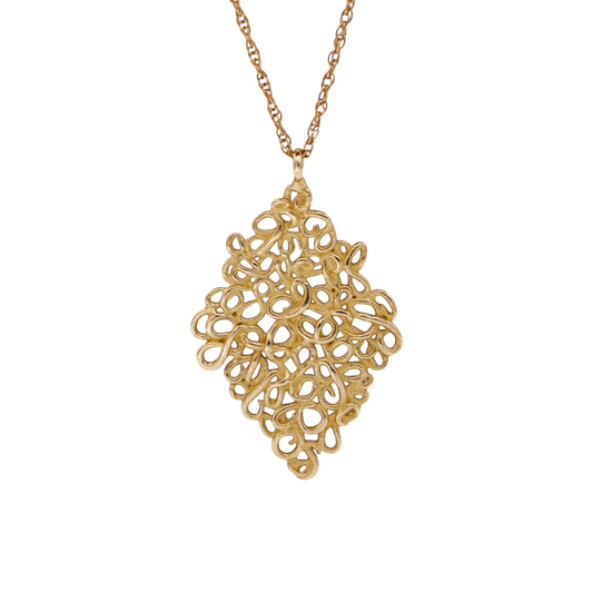 Lace Pendant — An elongated yellow-gold pendant composed of irregular open loops hangs from a fine textured chain.