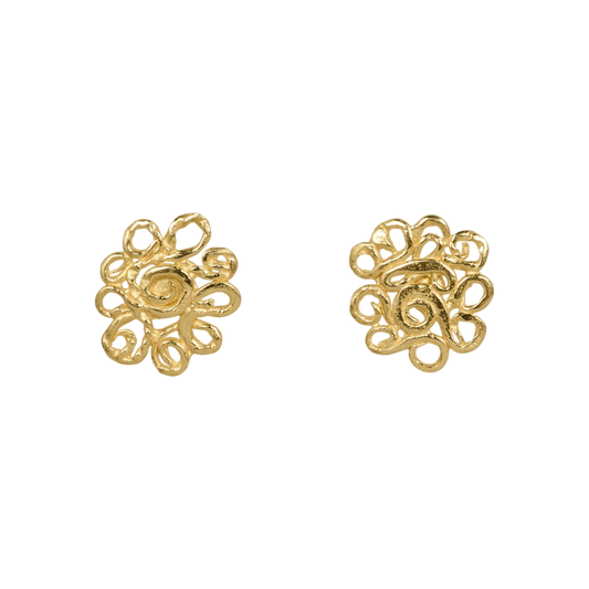 Lace Swirl Stud Earrings — Warm yellow-toned studs form compact openwork rosettes from looping wire-like scrolls.