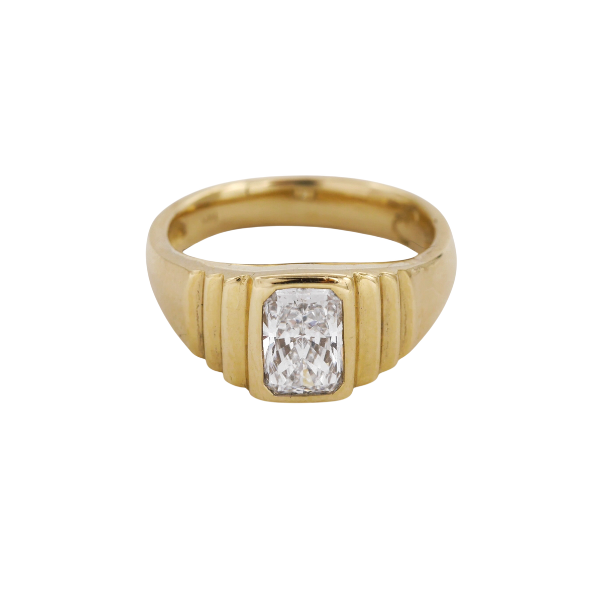 Meeting Place Ring — A colorless clipped-corner rectangular diamond is bezel-set in a polished, ridged yellow-gold signet ring.