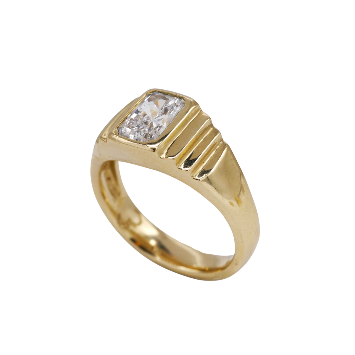 Meeting Place Ring — three-quarter view showing the stepped shoulders and raised diamond bezel.