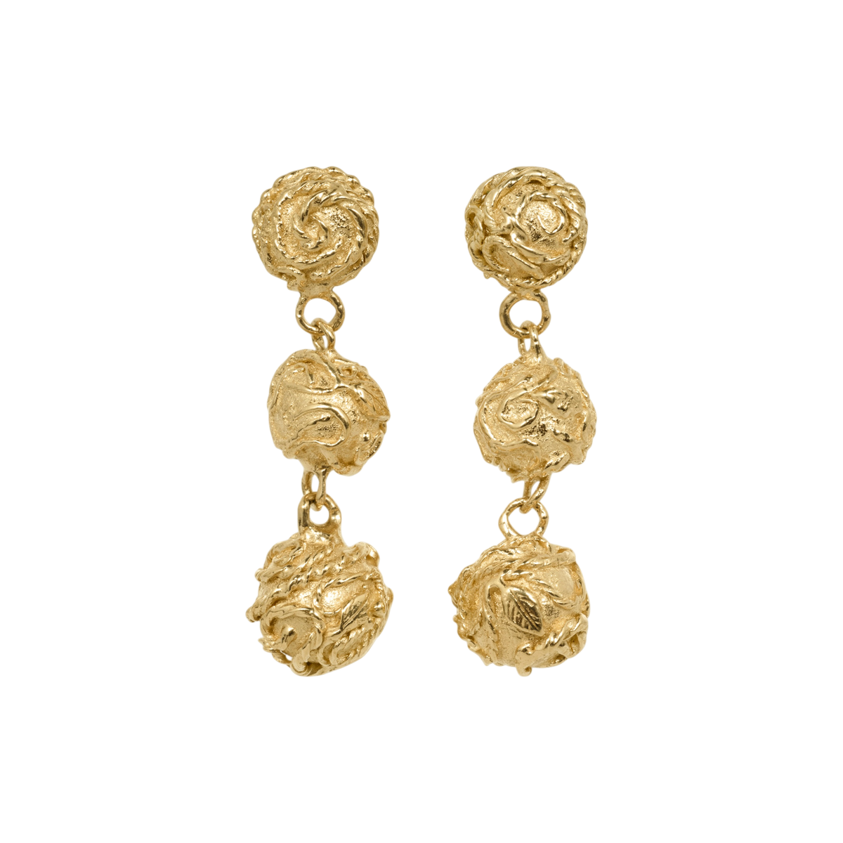 Revelation 3 Drop Earrings — Each warm yellow-toned earring links three graduated round sculptural elements covered in swirling botanical relief.
