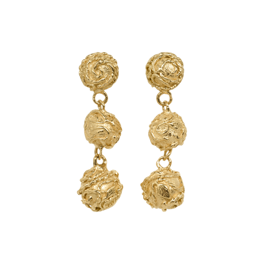 Revelation 3 Drop Earrings — Each warm yellow-toned earring links three graduated round sculptural elements covered in swirling botanical relief.