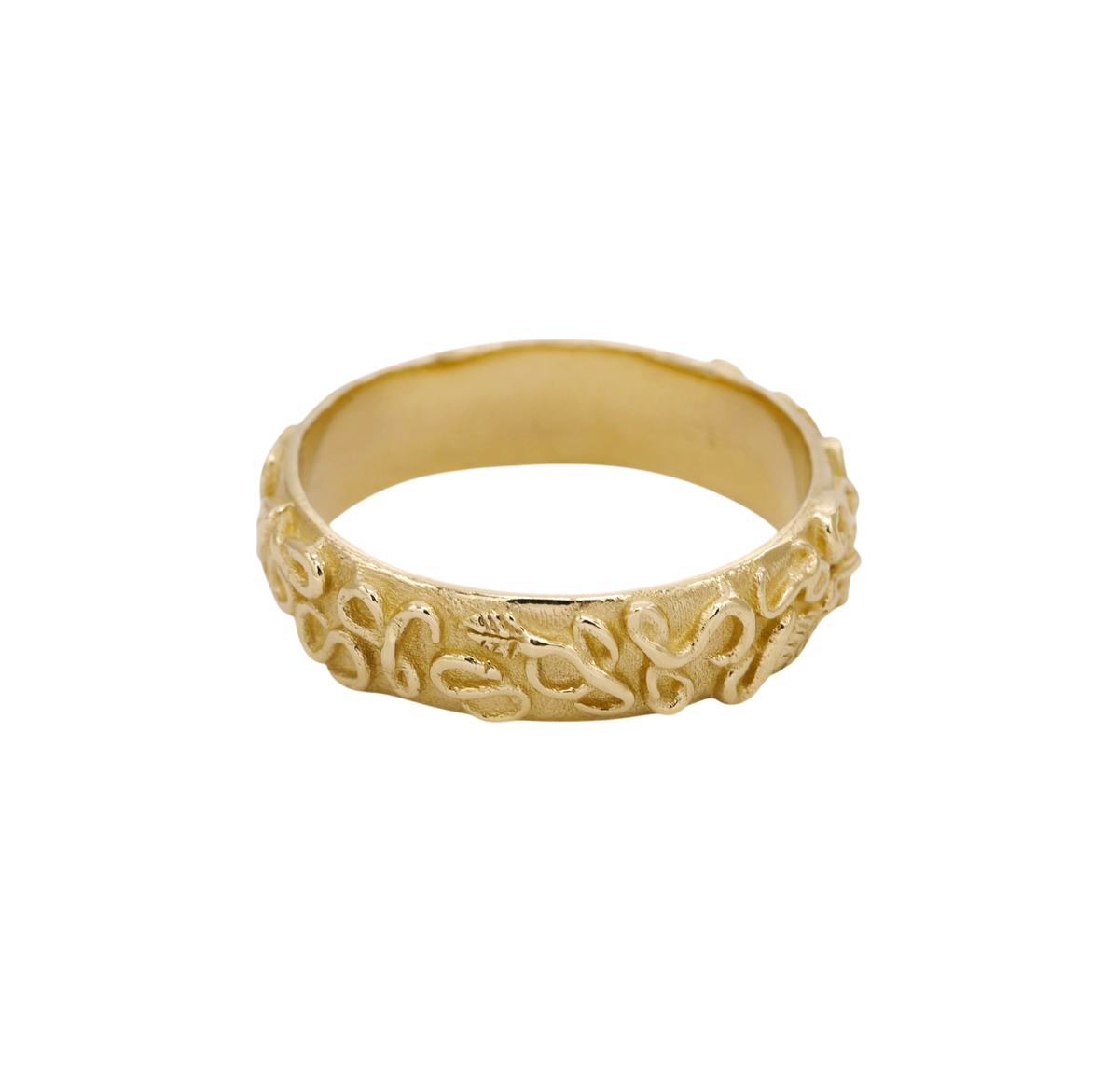 Revelation Band — A broad yellow-gold band is wrapped in raised looping vines, leaves, and scrolling relief over a textured ground.