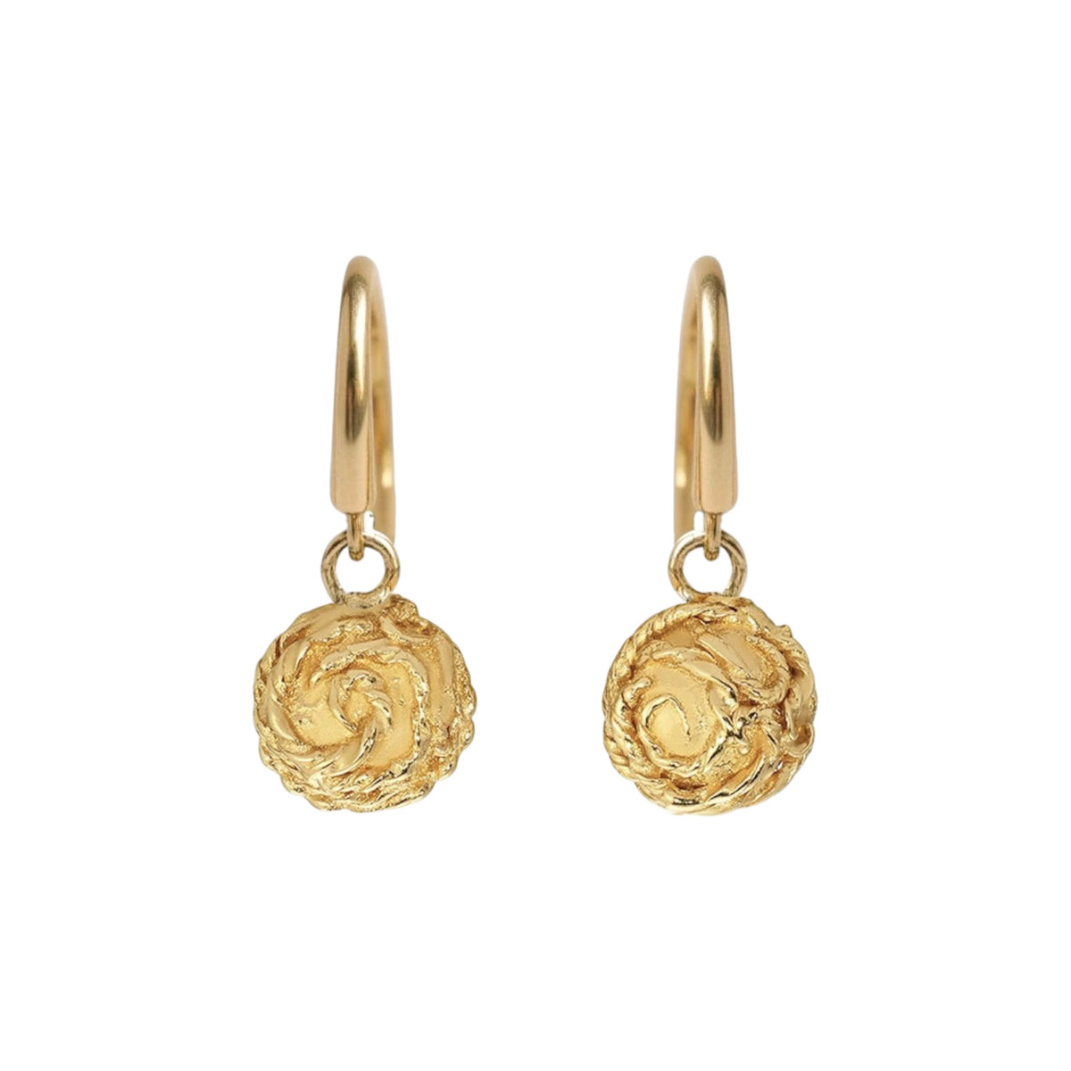 Revelation Single Drop Earrings — Each warm yellow-toned ear wire suspends one round charm covered in raised swirling botanical relief.