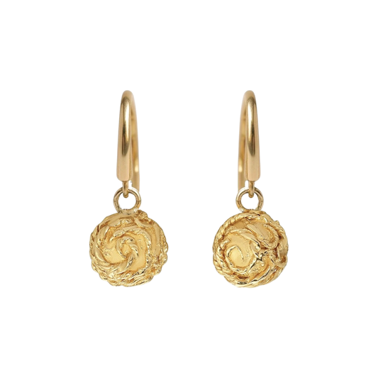 Revelation Single Drop Earrings — Each warm yellow-toned ear wire suspends one round charm covered in raised swirling botanical relief.