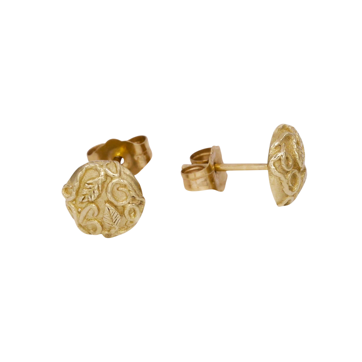 Revelation Stud Earrings — front and side views showing the stud post and butterfly back.