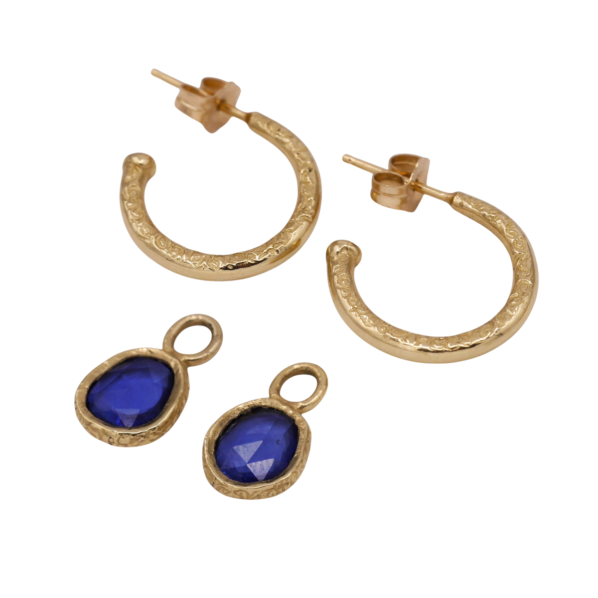 Sapphire Dewdrop Earrings — textured hoops and detachable sapphire drops shown separately.