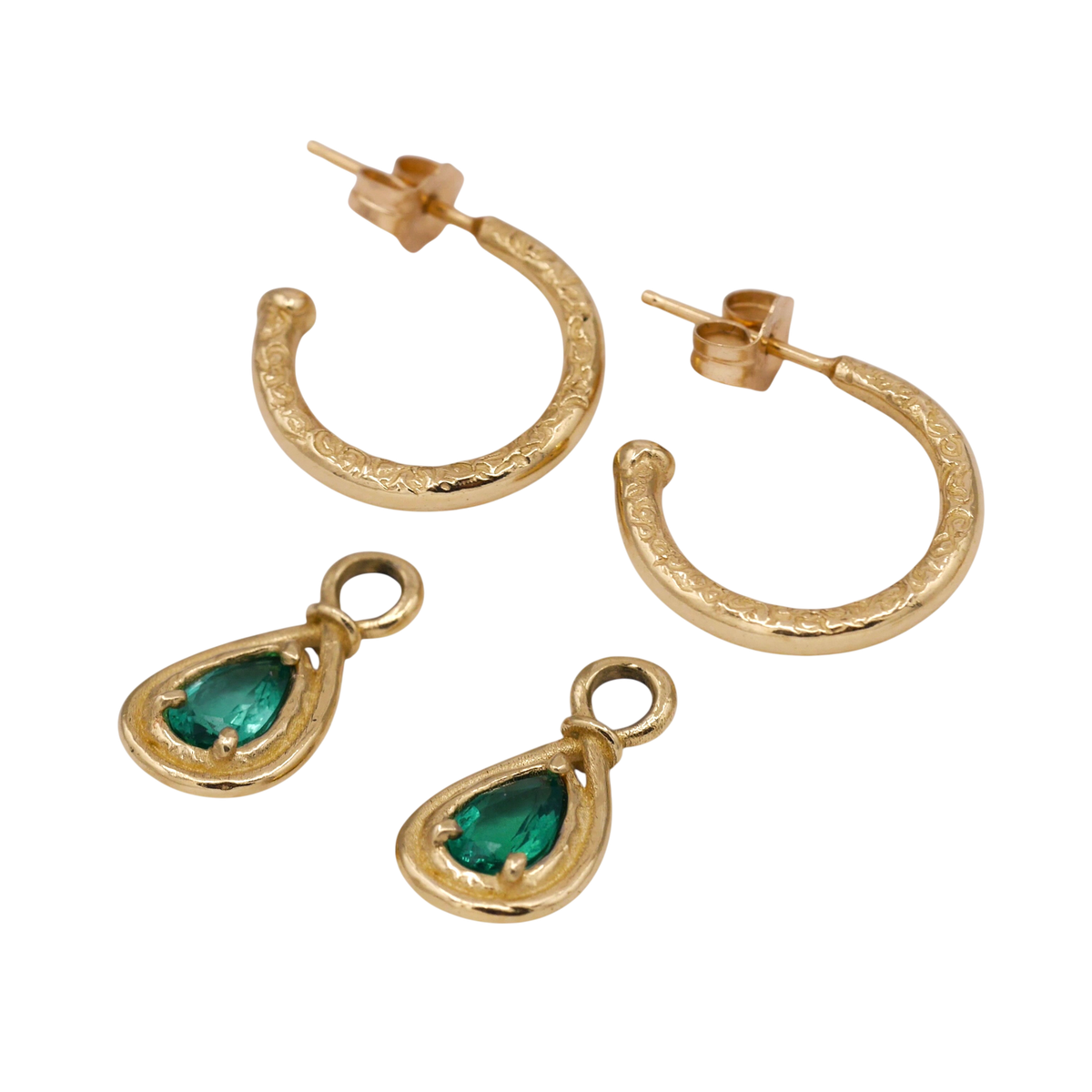 Emerald Teardrop Earrings — textured hoops and detachable emerald drops shown separately.