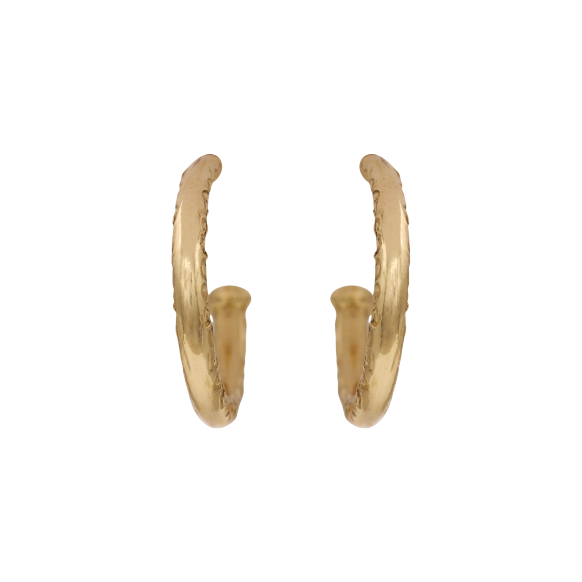 Scribe Hoops — Open yellow-gold hoops pair a rounded polished profile with subtle scrolling texture along the front edge.
