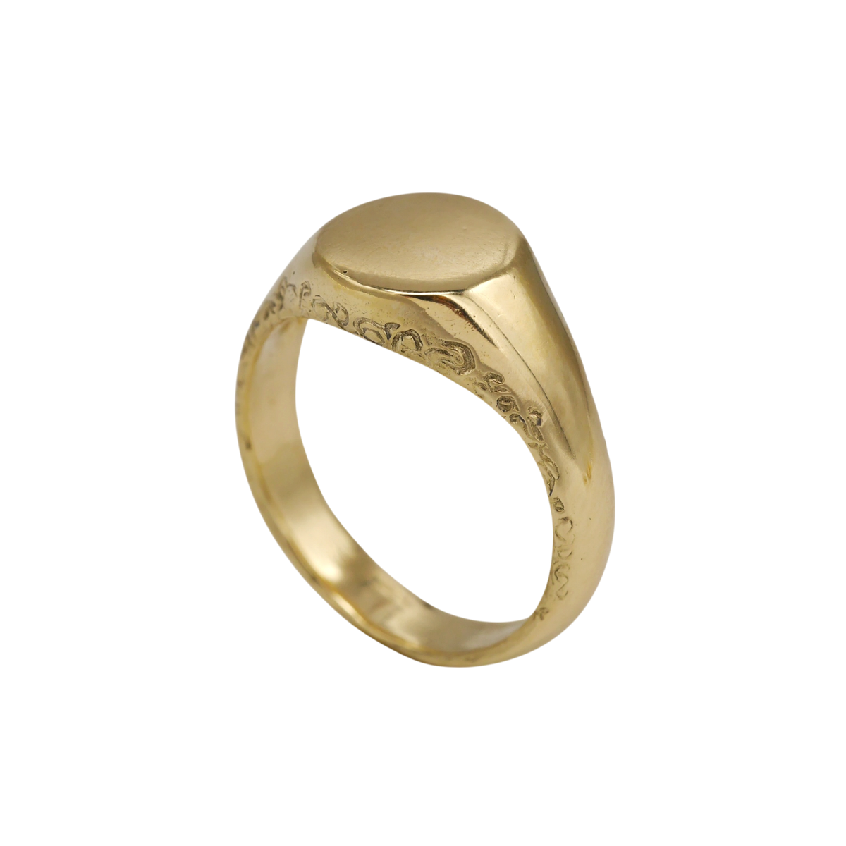 Scribe Signet Ring — side profile showing the smooth signet face and engraved shank.