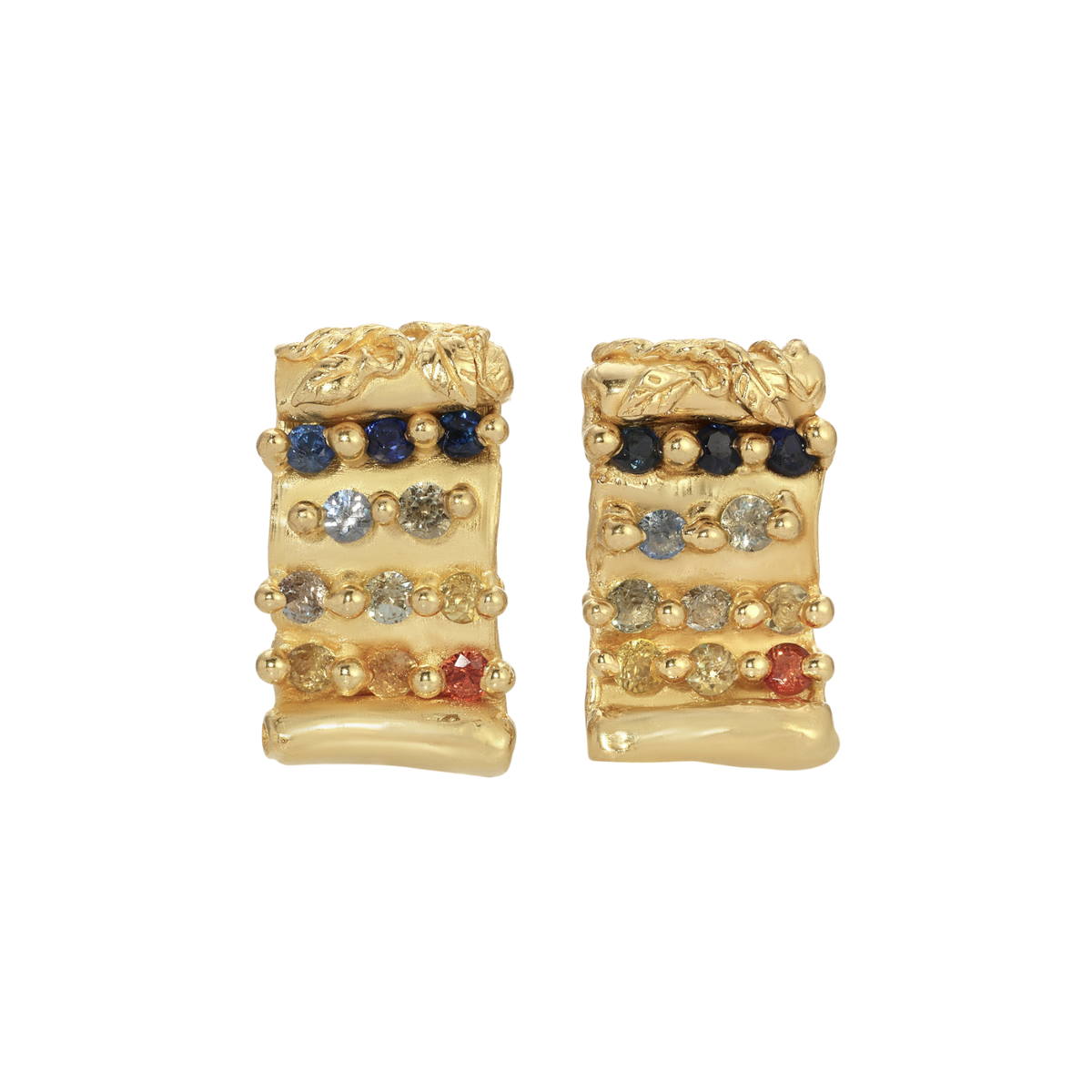 Tabula Rasa Earrings — Two yellow-gold-colored scroll-shaped studs carry 22 round multicolor sapphires in horizontal rows beneath leaf-carved upper edges.