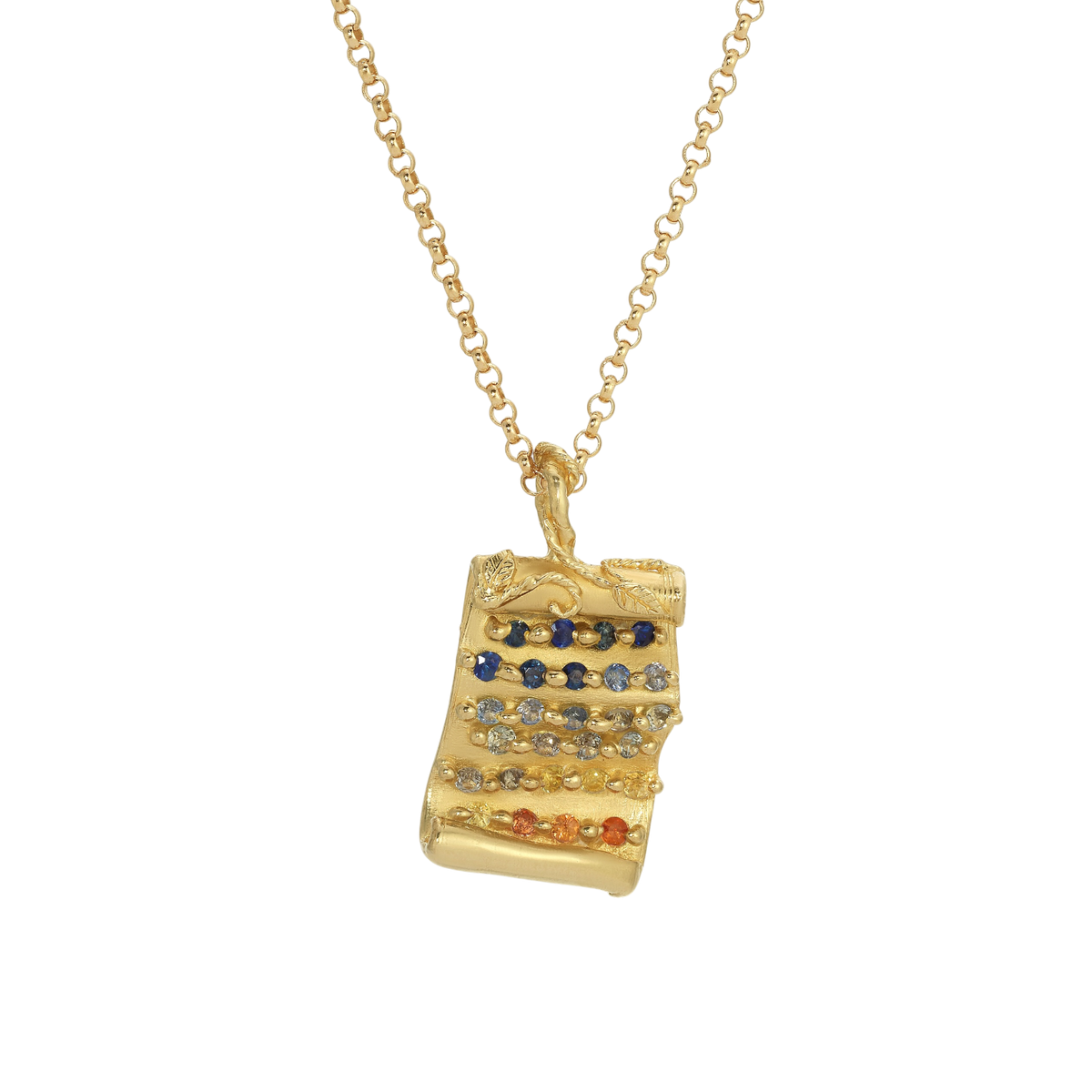 Tabula Rasa Pendant — A yellow-gold-colored scroll pendant carries 27 round multicolor sapphires in graduated horizontal rows beneath a carved leafy edge.
