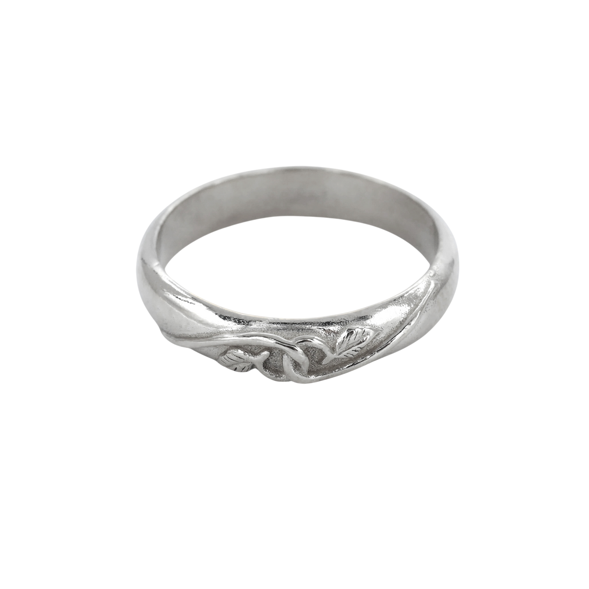 Tethered Ring Silver — angled front view showing the interlocking silver vine relief.