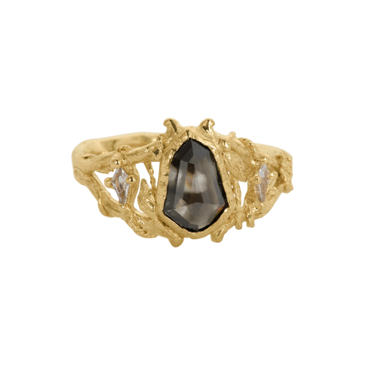 Through The Gates Ring — A shield-cut black diamond is bezel-set between two colorless kite-cut sapphires in an open yellow-gold-colored ring.