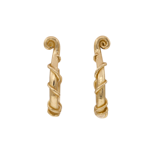 Vinekeeper Hoops — Yellow-gold open hoops are shaped like curved branches wrapped with raised vines and finished with spiral terminals.