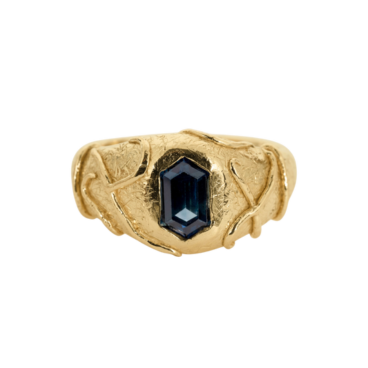 Blue Sapphire Signet Ring — A yellow-gold-colored signet ring centers a deep-blue elongated hexagonal sapphire in a sculptural bezel.
