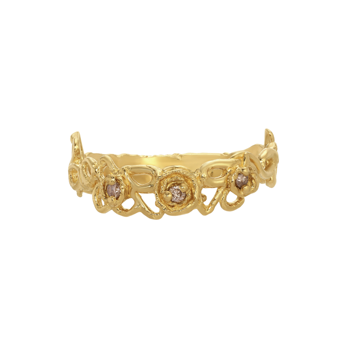 Whirl Of Diamonds Ring — Three round champagne diamonds are prong-set inside raised spiral motifs along an open scrolling yellow-gold-colored band.